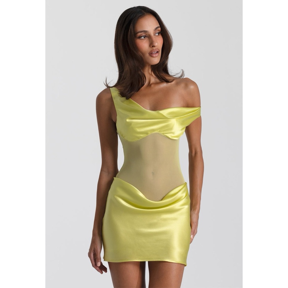 NEW Natalie Rolt Elodie Mini Dress (Sz 2 / US 6) Silk Satin Mesh Chartreuse